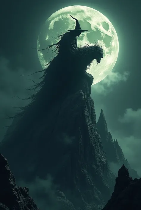 Image of the moon hunched over and riding on the mountain like a witch 
