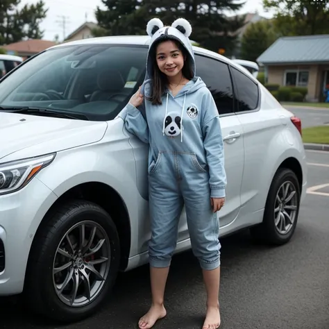 a woman in a panda suit is posing for a picture, long hair, smile, brown hair, barefoot, solo focus, hood, ground vehicle, motor vehicle, car