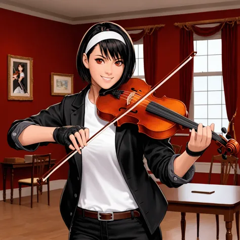 Masterpiece, top quality, detail XL, 1girl, solo, ((playing violin)), front view, indoors, music room, black hair, shorthair, brown skin, red eyes, medium build, smiling, she wears ((black jacket with rolled up sleeves)), open jacket, fingerless gloves, wh...