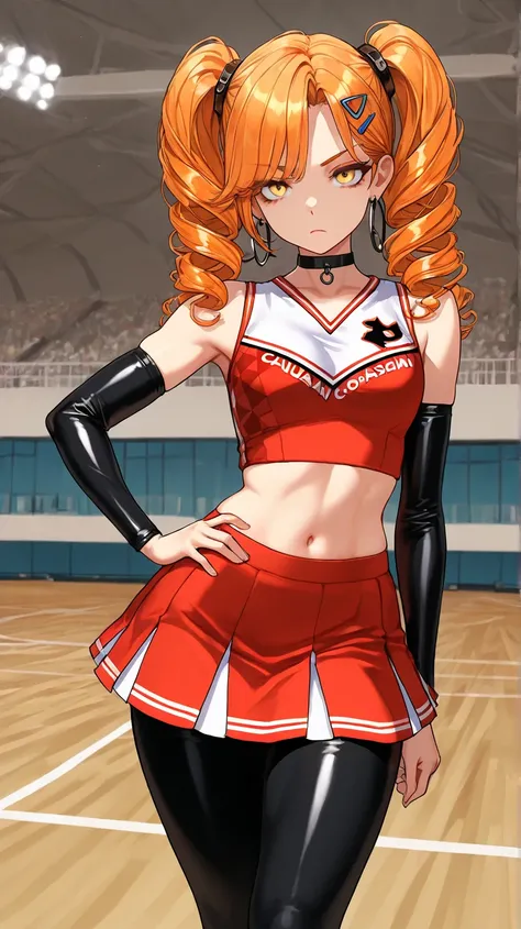 1Girl, Mature, Caucasian, Canadian, Light Skin, Long Curly Orange Hair, Twintails, Shiny Hair, Yellow Eyes, Medium Chest, Black And Red Cheerleader Uniform, Black Leggings, Black Arm Sleeve, Black Choker, Yellow Hair Clips, Hoop Earrings, Looking At Viewer...