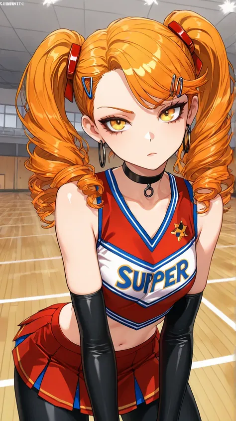 1Girl, Mature, Caucasian, Canadian, Light Skin, Long Curly Orange Hair, Twintails, Shiny Hair, Yellow Eyes, Medium Chest, Black And Red Cheerleader Uniform, Black Leggings, Black Arm Sleeve, Black Choker, Yellow Hair Clips, Hoop Earrings, Looking At Viewer...