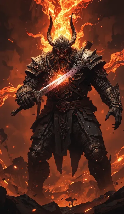 Oblivion,  a huge bearded Viking barbarian in massive armor, uses a runic sword  (an orange-purple haze comes from his sword (galatin,  Zweihander, Claymore) the throat of a lava-lizard demon through its toothy open mouth (fire in the eyes),  both giants a...