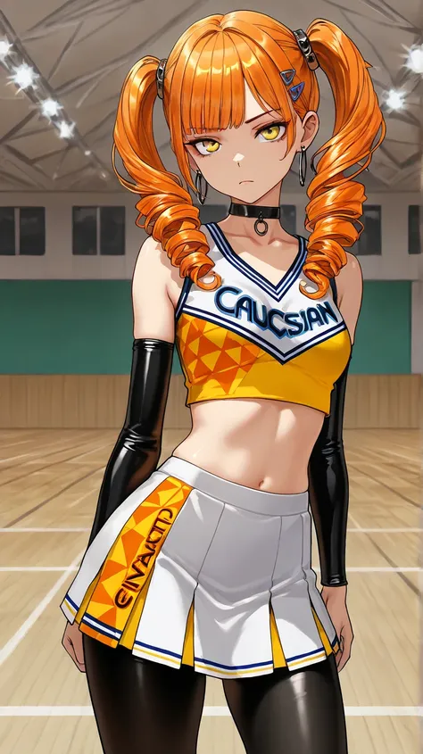 1Girl, Mature, Caucasian, Canadian, Light Skin, Long Curly Orange Hair, Twintails, Shiny Hair, Yellow Eyes, Medium Chest, Black And Yellow Cheerleader Uniform, Black Pantyhose, Black Arm Sleeve, Black Choker, Yellow Hair Clips, Hoop Earrings, Looking At Vi...