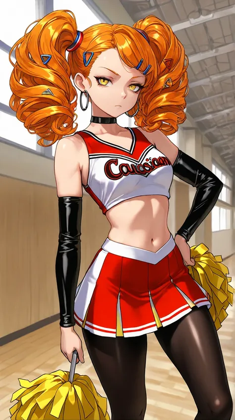 1Girl, Mature, Caucasian, Canadian, Light Skin, Long Curly Orange Hair, Twintails, Shiny Hair, Yellow Eyes, Medium Chest, Black And Yellow Cheerleader Uniform, Black Pantyhose, Black Arm Sleeve, Black Choker, Yellow Hair Clips, Hoop Earrings, Looking At Vi...