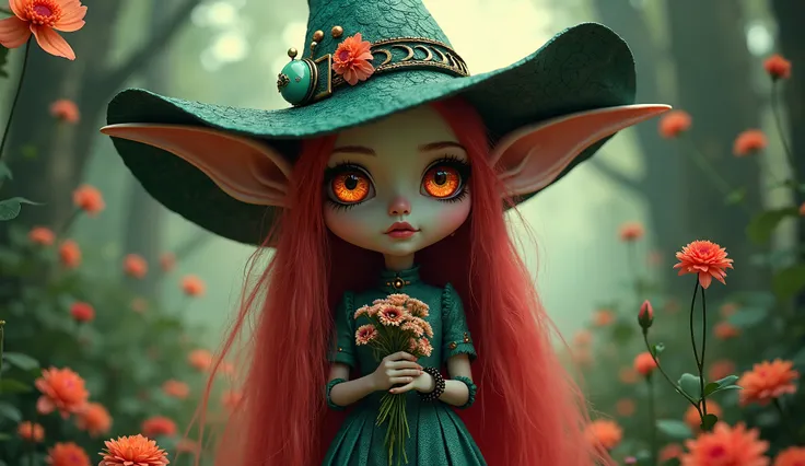 Masterpiece, best quality, ultra-detailed white and long hair,chibi, goblin witch, wearing a witch's hat, a picture on the wall, ((in the picture the goblin witch is holding daisies in her hand)), a lot of details, additional details-goddess of (((full bod...