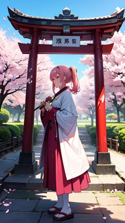  HD、The precincts of an old shrine 、Priestess with pink hair、 Cherry Blossoms in Full Bloom 