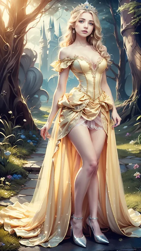 (( full body shot :1.5)),(( full body illustration )),(( high resolution)),((Fairytale based on Grimm)),im Stil von William-Adolphe Bouguereau,(( young beautiful girl :1.8)),((long blonde hair)),(( beautiful face)),((very short princess dress:1.3)),((Panty...