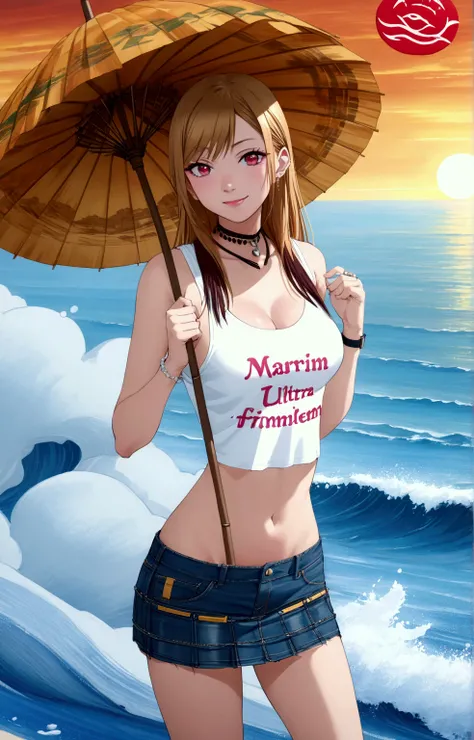 pretty woman, {marin kitagawa, long hair, bangs, blonde hair, red eyes, multicolored hair, pink hair}, standing posed at evening beach, sea and sunset, holding bamboo umbrella, BREAK, BREAK,  ( white tank top, denim pencil mini skirt, black choker), BREAK,...