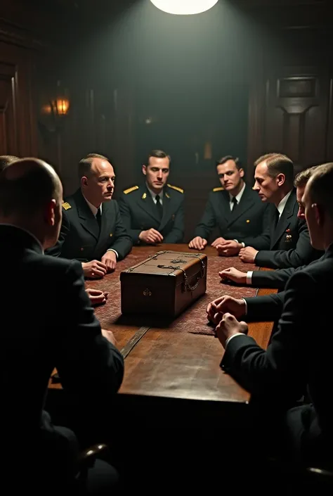 "A tense moment in a dimly lit war bunker, a German officer places a leather briefcase under a massive wooden table. The room is filled with Nazi officers, discussing battle plans, unaware of the impending explosion."