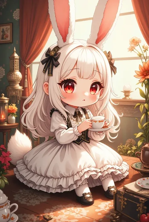 (masterpiece,best quality:1.2),hand draw illustration, watercolor,chibi cute kawaii bunny girl at tea time,the girl\((big back hair-ribbon),bunny-tail ,white fluffy bunny-ears,very long hair,white hair,warm deep red eyes, sparkling eyes,closed mouth,fluffy...