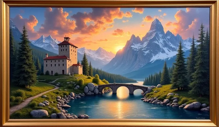 Create a masterpiece, best quality, Leonardo da Vinci oil painting style. Dramatic sunset sky, colorful clouds, snow-capped Italian Dolomites mountains, stone castle ruins on a hill, coniferous forest, crystal clear river with light reflections, stone brid...