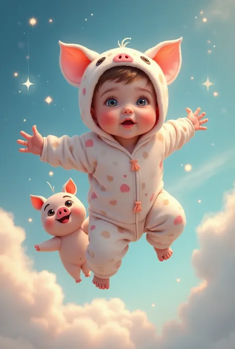 Beautiful baby in animal pajamas and flying piggy