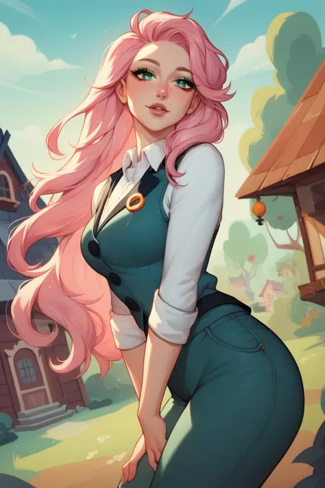 1 woman, sexy,  curvilinear,  Long hair,  straight hair,  pink hair, green pupils ,  Japanese facial features ,  long eyelashes,  cheerful look , a hand on the back , greeting, White formal shirt, dark green vest ,  dark blue loose pants,  wide hips, Backg...