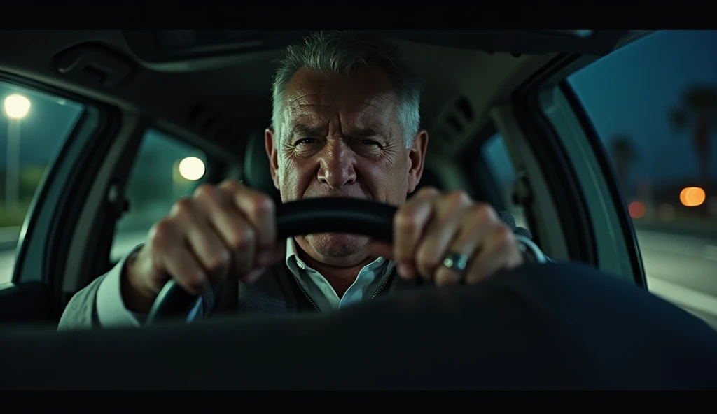 A dramatic image of a man in his 50s driving a car at night, gripping the steering wheel tightly with one hand while the other hand clutches his chest. His face shows pain and struggle, and the road outside the windshield is blurred, creating a sense of da...