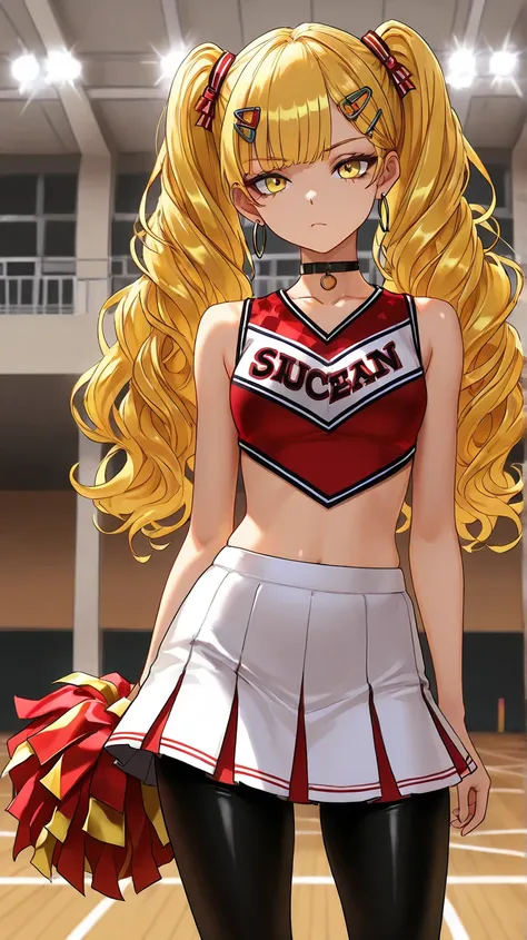 1Girl, Mature, Caucasian, Canadian, Light Skin, Long Curly Ginger Hair, Twintails, Shiny Hair, Yellow Eyes, Medium Chest, Black And Red Cheerleader Uniform, Black Pantyhose, Black Inner Shirt, Black Choker, Yellow Hair Clips, Hoop Earrings, Looking At View...