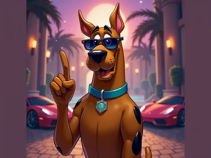 I want an image of Scooby-Doo pointing at himself while wearing sunglasses against a rich lifestyle background