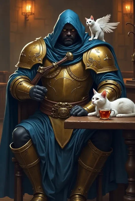 Generate a DnD Goliath wearing bronze plate armour with a blue cloak all hidden under a Black greatcoat. He Has a glaive on his back and his face is hidden. He Has his trusty companion a pure white cat with white wings. He is sitting in a tavern and drinki...