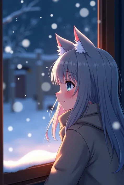 Une fille d'anime avec de longs cheveux gris fluides et des oreilles de chat adorables, vêtue d'une tenue d'hiver confortable, se tient près d'une fenêtre givrée. La scène se déroule la nuit, avec une lumière douce et chaleureuse illuminant son visage, met...