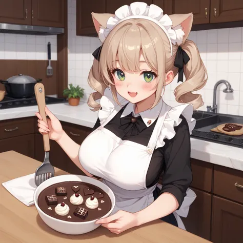 cute girl in anime style。Fluffy beige hair color 。 smiles slightly shyly 、I'm making chocolate in the kitchen。Naked and wearing a white apron、 and has a glimpse of her shoulders and thighs 。I'm mixing the melted chocolate in the big breast bowl with a wood...