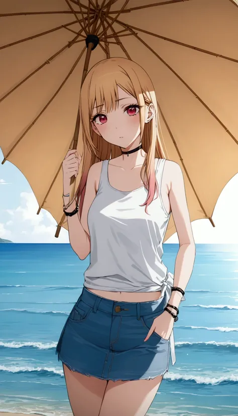 pretty woman, {marin kitagawa, long hair, bangs, blonde hair, red eyes, multicolored hair, pink hair}, standing posed at evening beach, sea and sunset, holding bamboo umbrella, BREAK, BREAK,  ( white tank top, denim pencil mini skirt, black choker, bracele...