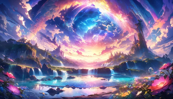 paradise, colorful,A dreamy fantasy landscape,Extremely Coloured Scenery, cloud, light piercing through the cloud,Spectacular and majestic views, shot with a fisheye lens , Can you see large planets in the sky,Multiple beautiful waterfalls,Water surface re...