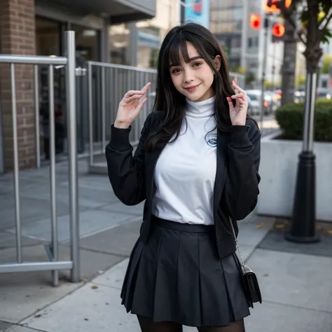 a woman in a school uniform posing for a picture, long hair, breasts, blush, smile, bangs, skirt, large breasts, black hair, hair ornament, red eyes, long sleeves, very long hair, closed mouth, jacket, pantyhose, cowboy shot, pleated skirt, hairclip, hand ...