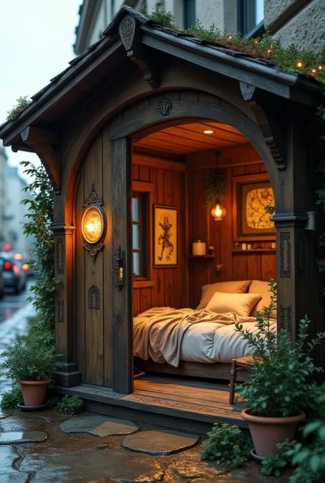 "A tiny, magical cabin, cleverly concealed within a mundane urban setting, such as a bustling city street or a seemingly ordinary bus stop.  The cabin is approximately the size of a large shed, made of ancient, intricately carved wood with subtly glowing g...