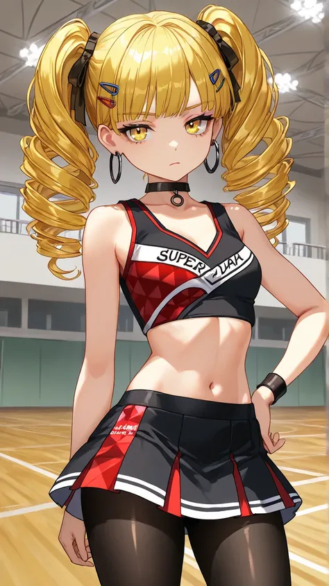 1Girl, Mature, Caucasian, Canadian, Light Skin, Long Curly Jet Black Hair, Twintails, Shiny Hair, Yellow Eyes, Medium Chest, Black And Red Cheerleader Uniform, Black Pantyhose, Black Inner Shirt, Black Choker, Yellow Hair Clips, Hoop Earrings, Looking At V...