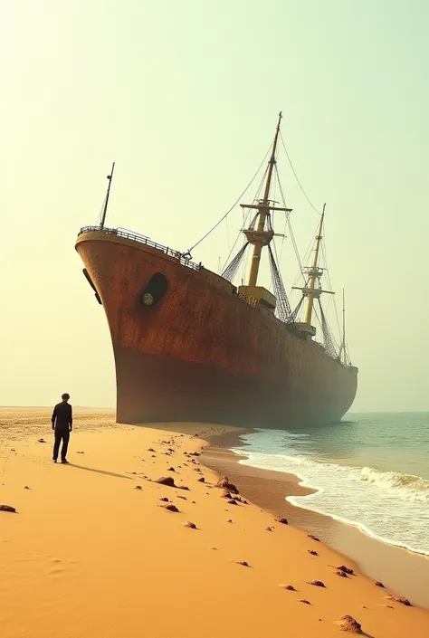 A beach with lots of sand and a lonely heavily rusted wreck 