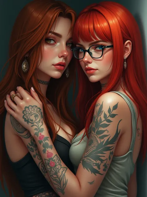 A woman with long auburn hair and brown eyes with tattoos and red hair, blue eyes, glasses, and a woman with long auburn hair and brown eyes with tattoos hugging each other 