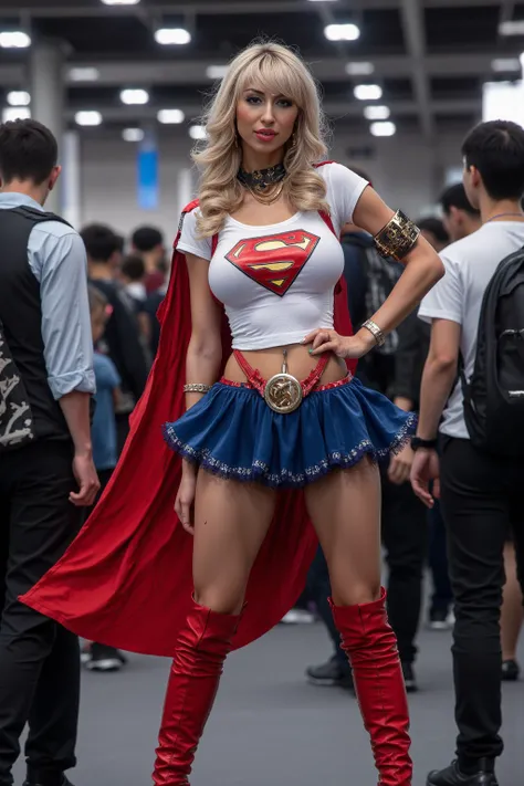 sexy vennera as super girl (confident, age 25, sexy venera, gorgeous woman,  long blonde silken hair, sexy small super girl outfit (tiny white tshirt with superman symbol, red cape, tiny blue frilled mini skirt, red knee high boots, leather collar with gol...