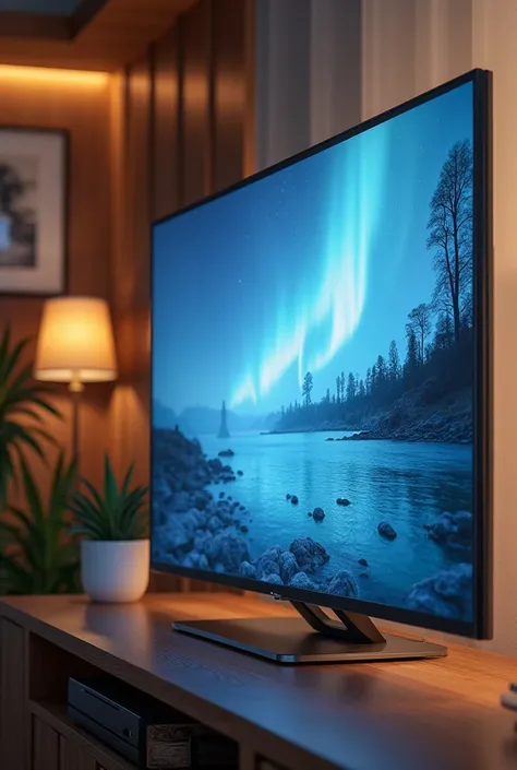 A 16:9 LED tv on table , tv should be infront of the camera so looks perfect , no curve,no side angle shot