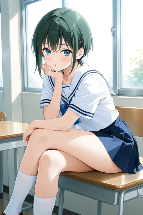  Anime Girl sitting on a desk with her legs crossed, a hyper realistic high school girl, cute high school girl, seductive anime Girl, beautiful Anime Girl squatting, the  Anime Girl is crouching, sitting and cross-legged on a desk attractive, wearing summe...