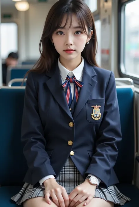 ((Close-up of a high school girl sitting on a train seat)), Relaxed face, Japanese woman, Female high school student blazer uniform (masterpiece, highest quality, 8k, RAW photo, beautiful, aesthetic: 1.2), exquisite details, indirect lighting, realistic, s...