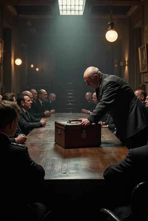 "A tense moment in a dimly lit war bunker, a German officer places a leather briefcase under a massive wooden table. The room is filled with Nazi officers, discussing battle plans, unaware of the impending explosion."