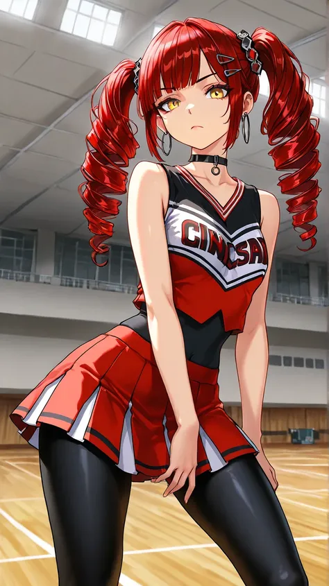 1Girl, Mature, Caucasian, Canadian, Light Skin, Long Curly Red Hair, Twintails, Shiny Hair, Yellow Eyes, Medium Chest, Black And Red Cheerleader Uniform, Black Pantyhose, Black Inner Shirt, Black Choker, Yellow Hair Clips, Hoop Earrings, Looking At Viewer,...