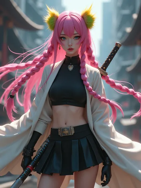  braids、 pink、 long hair、Yellow-green fur tips 、woman、White coat、black ninja costume、 black miniskirt 、I have a sword 、Live-action version、 Demon Slayer、 Kanroji Mitsuri