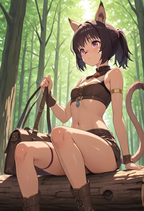 very awa, masterpiece, best quality, newest,  highres, absurdres、 Fantasy World masterpiece ,  one 、 mithra　  Final Fantasy 11 、  Final Fantasy 11 、   brown skin 、 3 red patterns on the cheeks  、 Dark Brown Cat Ears and Tail  、   very small breasts 、  shor...