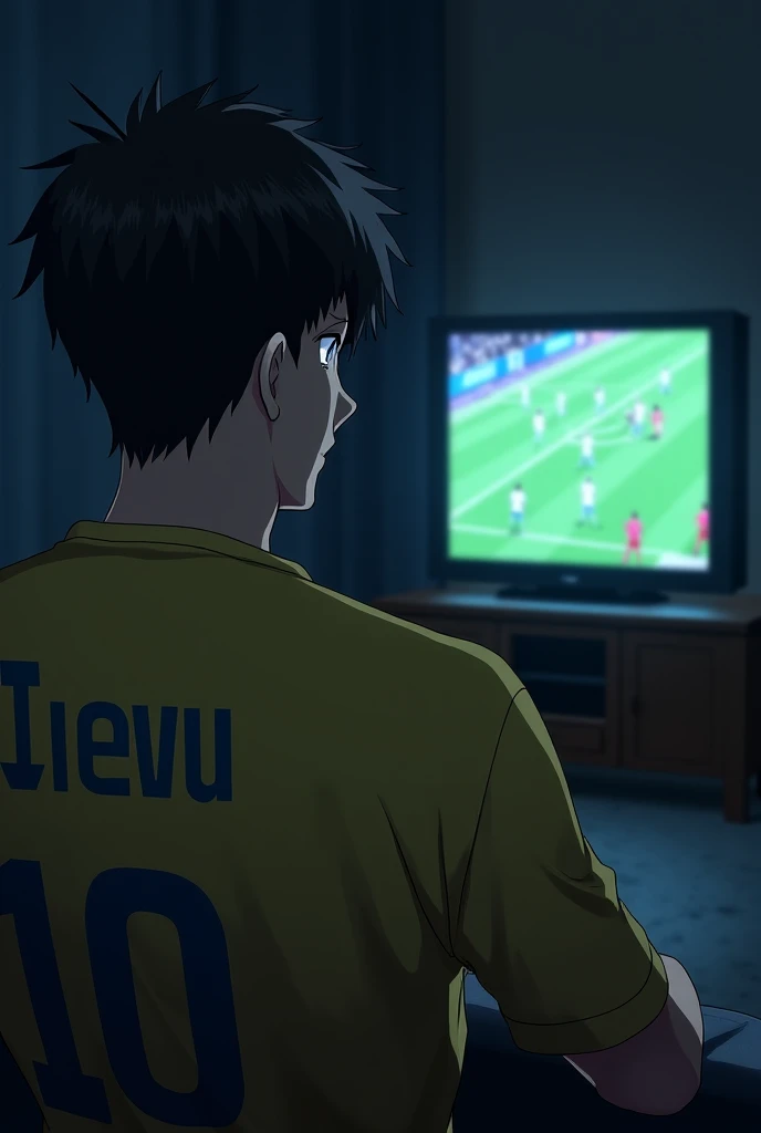 A 20 years old boy watching football match on tv 
And wearing a brazil jersey 
In the jersey named as "JEVU" NUMBER 10
Tv screen are show. The boy's mood is off or crying. Animated in anime 