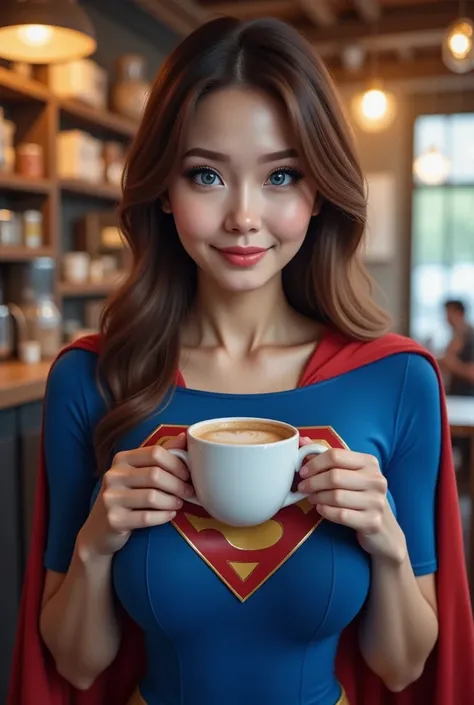 there is a BLUE EYED woman that is holding a cup of coffee, anime girl in real life, realistic young BRUNETTE girl, portrait of cute BRUNETTE girl, cute natural anime face, kawaii realistic portrait, realistic anime 3 d style, attractive anime girl, photor...