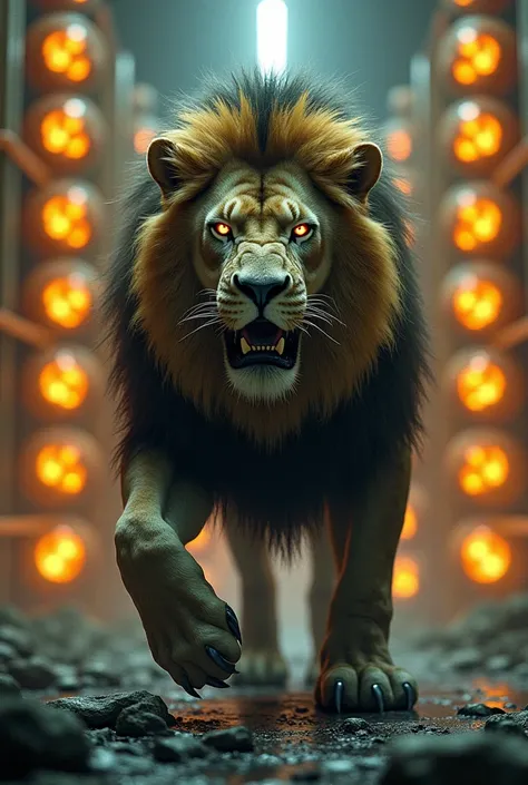 A lion, evolved with gamma atomic bottles in front of the lion