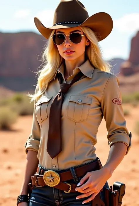 Sheriff woman wearing a beige shirt,brown tie,sunglasses,brown stetson cowgirl hat, blonde hair, white polished nails.