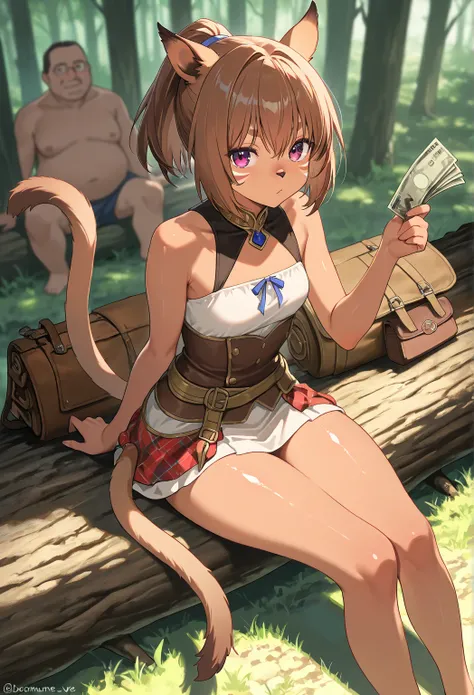 very awa, masterpiece, best quality, newest,  highres, absurdres、 Fantasy World masterpiece ,  one 、 mithra　  Final Fantasy 11 、  Final Fantasy 11 、   brown skin 、 3 red patterns on the cheeks  、 Dark Brown Cat Ears and Tail  、   very small breasts 、  shor...