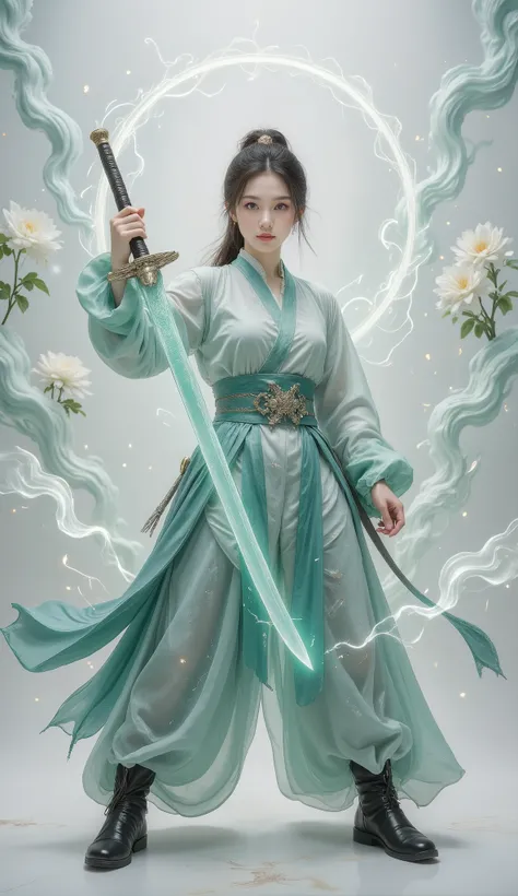Female swordsman Jade Fractal photography,Atomic Correct,Raw, Lenses, (Clear focus:1.5), (Reality:1.4), Dusk lighting, Volumetric Lighting, Ultra-high resolution, 16K,Dramatic Lighting, White background:1.5),Glowing sword,(fighting stance),Hold the sword h...