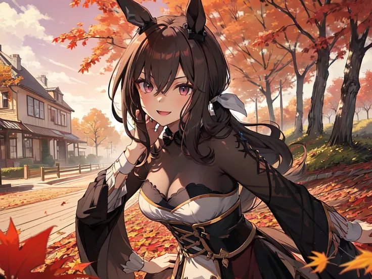 (((Solo, girl with horse ears, ninja outfit, hands on hips, looming, leaning forward, sideways, open mouthed seductive smile, black hair, long hair, hair tousled in the wind, carpet of dead leaves, autumn foliage, red sky, detailed body structure, anime st...