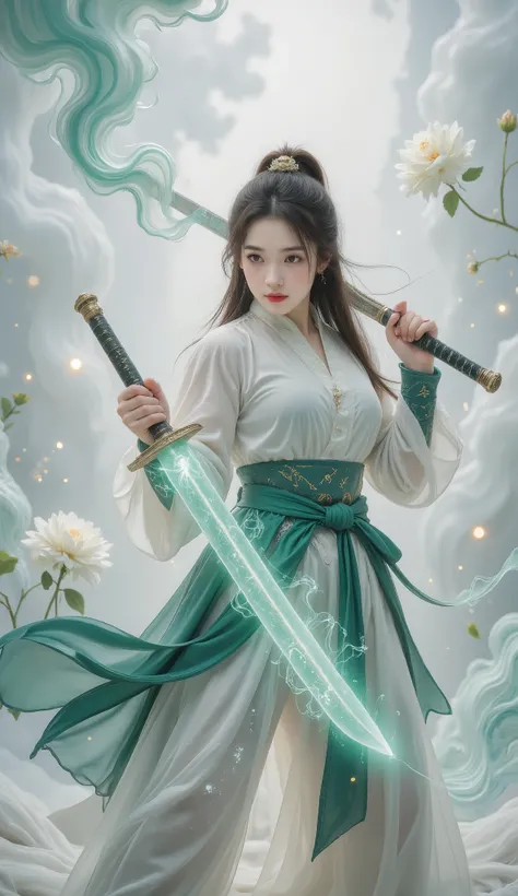 Female swordsman Jade Fractal photography,Atomic Correct,Raw, Lenses, (Clear focus:1.5), (Reality:1.4), Dusk lighting, Volumetric Lighting, Ultra-high resolution, 16K,Dramatic Lighting, White background:1.5),Glowing sword,(fighting stance),Hold the sword h...