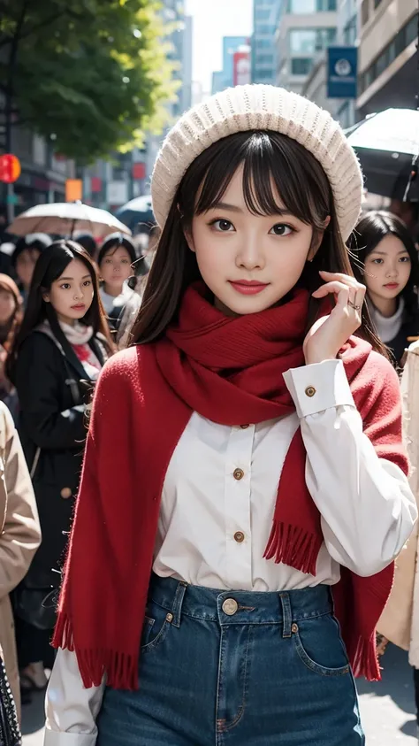  1 woman with an umbrella, 紅leaf, Bangs,  I have a black headdress ,  blurred background , ,  Brown Eyes ,  rainbow hair color 、, brown scarf, brown skirt,  cardigans with two hands  , coffee,  denim shooting , cup, disposable cup, [drink, 落ちleaf, Wool Hat...