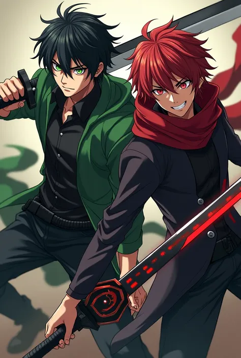 An anime male character wearing green-black cloth and inside has a black shirt, has green eye, black hair. He has an Executioners Blade.He is with his friend who looks like : anime-style male character with striking red hair. He has intense red eyes. He is...