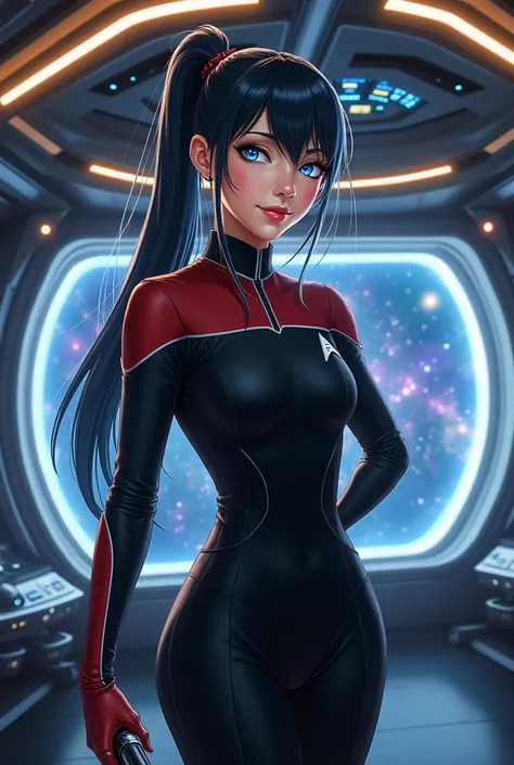 Anime,dark hair, ponytail, long hair, blue eyes, piercing, white hair highlights,A futuristic portrait of a confident woman in a Star Trek uniform, standing on the bridge of a starship, smile, The background showcases a high-tech starship interior with hol...