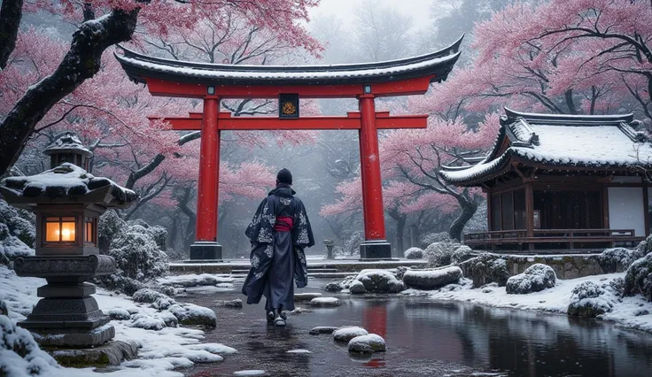 Hyperrealistic, ultra-detailed image of a traditional Japanese garden in winter, where a vibrant red torii gate stands against a backdrop of snow-covered cherry blossom trees. The once pink petals are now replaced by delicate frost, creating an ethereal wi...